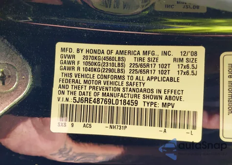 2009 Honda Cr-V Ex-L z USA, uszkodzony, nr VIN 5J6RE48769L018459